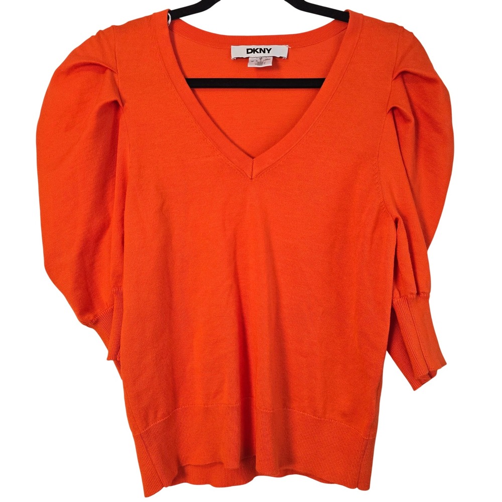 🆕️ -‎ NWOT - DKNY Womens Orange Puff Sleeve V-Neck Knit Sweater Top Size Medium